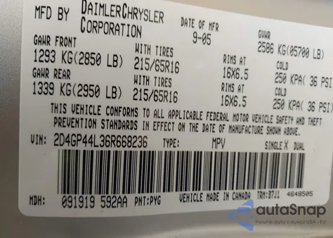 2006 Dodge Grand Caravan Sxt z USA, uszkodzony, nr VIN 2D4GP44L36R668236